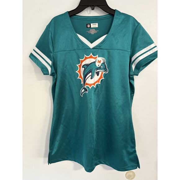 Miami Dolphins Women’s NFL Team Apparel V-Neck Jersey Aqua Teal Medium - Picture 1 of 2